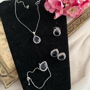New | Indian Luxury Blue AD Necklace, Adjustable Bracelet, Ring Earrings Set